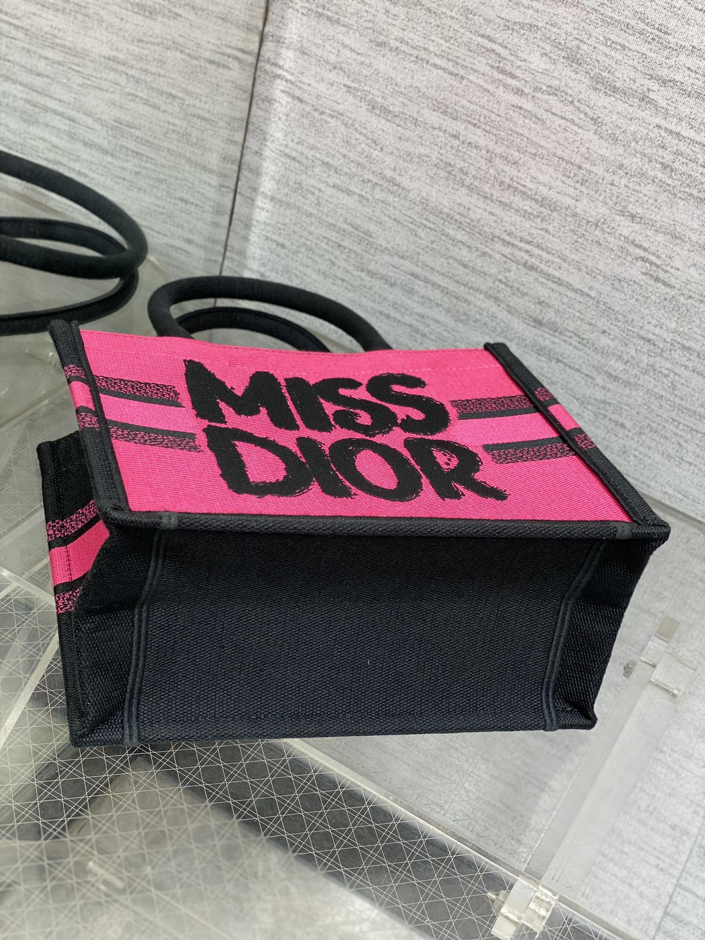 Small Dior Book Tote Bag Two-Tone Fuchsia and Purple Miss Dior Graffiti Embroidery